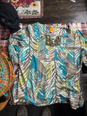 Ruby Rd. Turquoise, Lime & Gray Leaf-Print Tunic with Stud Accent